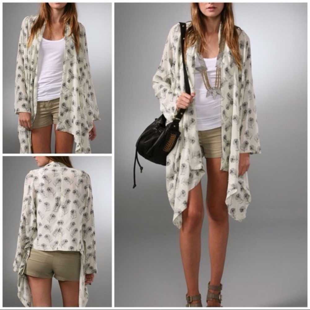 Winter Kate Cream Feather-Print Drape Cardigan Size S Euc